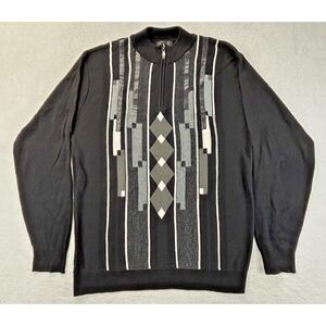 MIKO 3-D Knit Sweater Black Gray Geometric Men 2X Wool Zip Mock‎ Neck